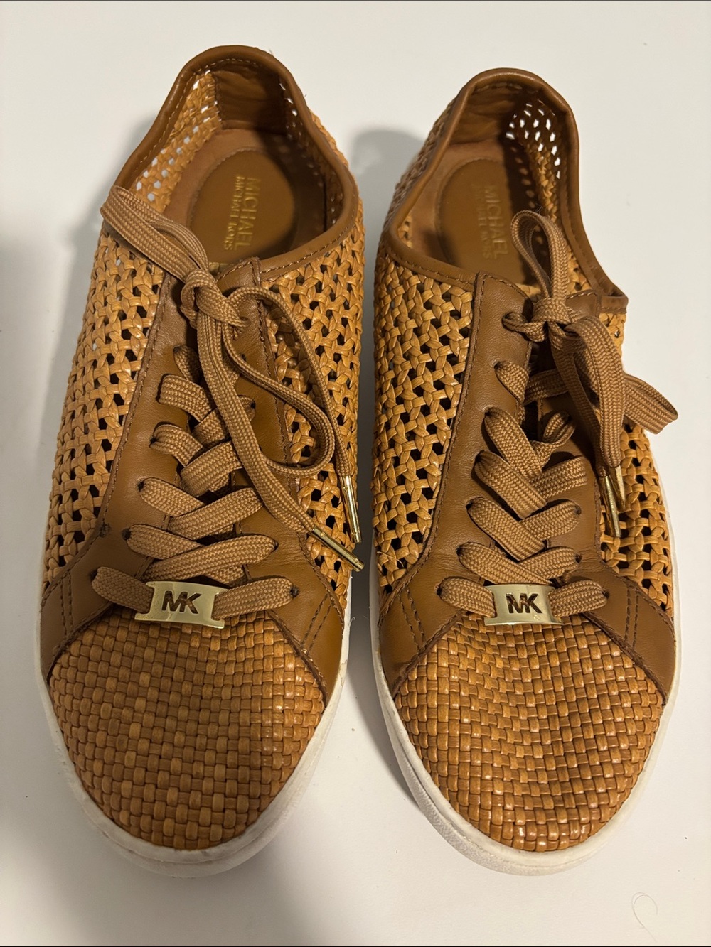 MICHAEL KORS Women’s Olivia Woven Leather Sneakers in Cognac Brown Size 9.5M